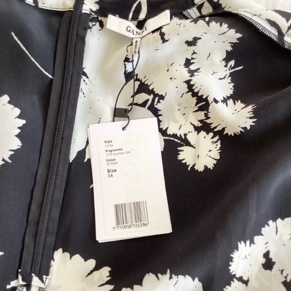 Ganni Black/White Silk Floral Print Long Sleeves Dress 2/34 - Picture 6 of 10